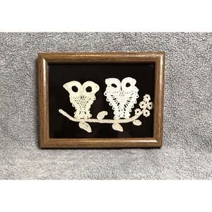 Vintage Framed Picture‎ Crochet Owl Art Needlepoint
